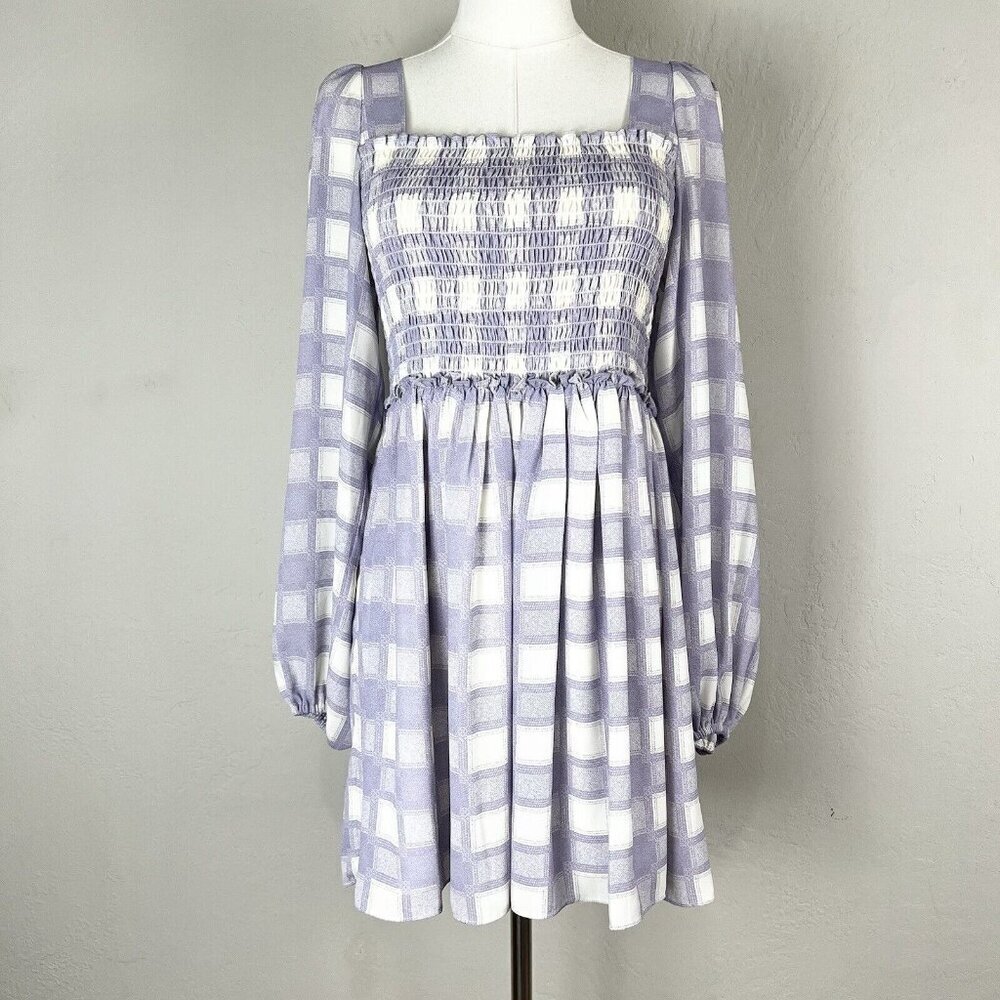 Toccin NY Smocked Puff Sleeve Mini Dress Lavender Purple‎ Gingham Size Small